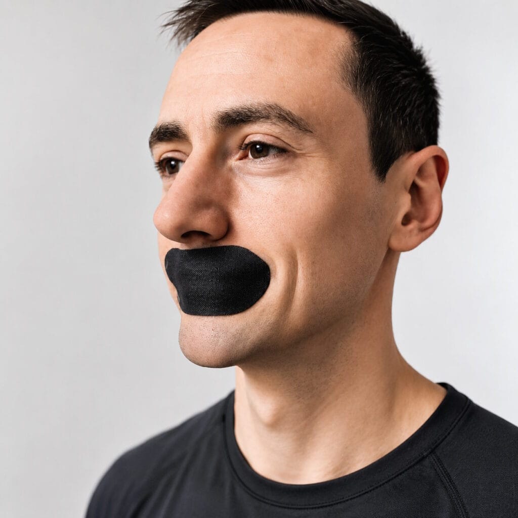 Mann med svart munnteip fra Sovetape Pro for bedre nesepust og mindre snorking om natten