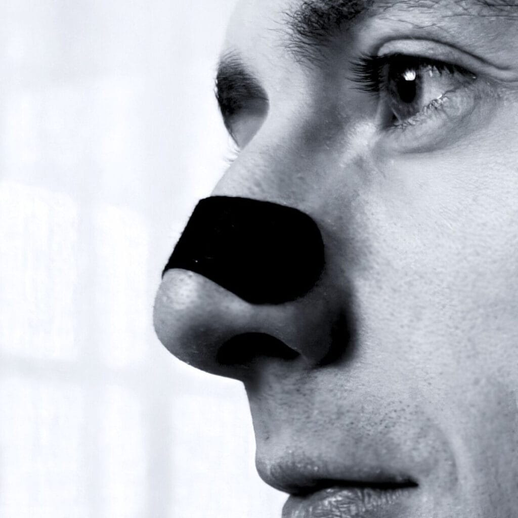 Mann som bruker Nesetape Pro Avrundet – neseplaster for bedre pust, redusert snorking og bedre søvn.