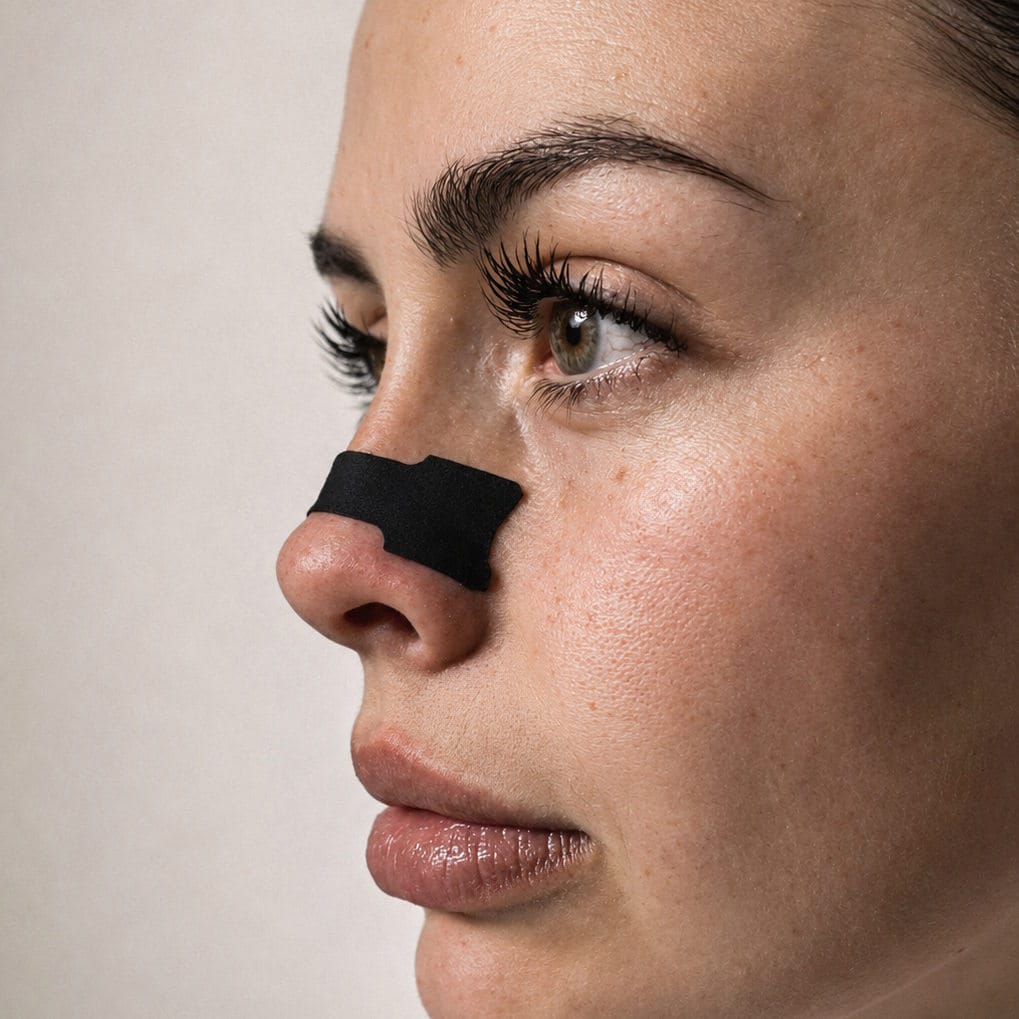 Nesetape Pro svart kvinne neseteip for trening festet på nesen til mann i profil fra Sovetape