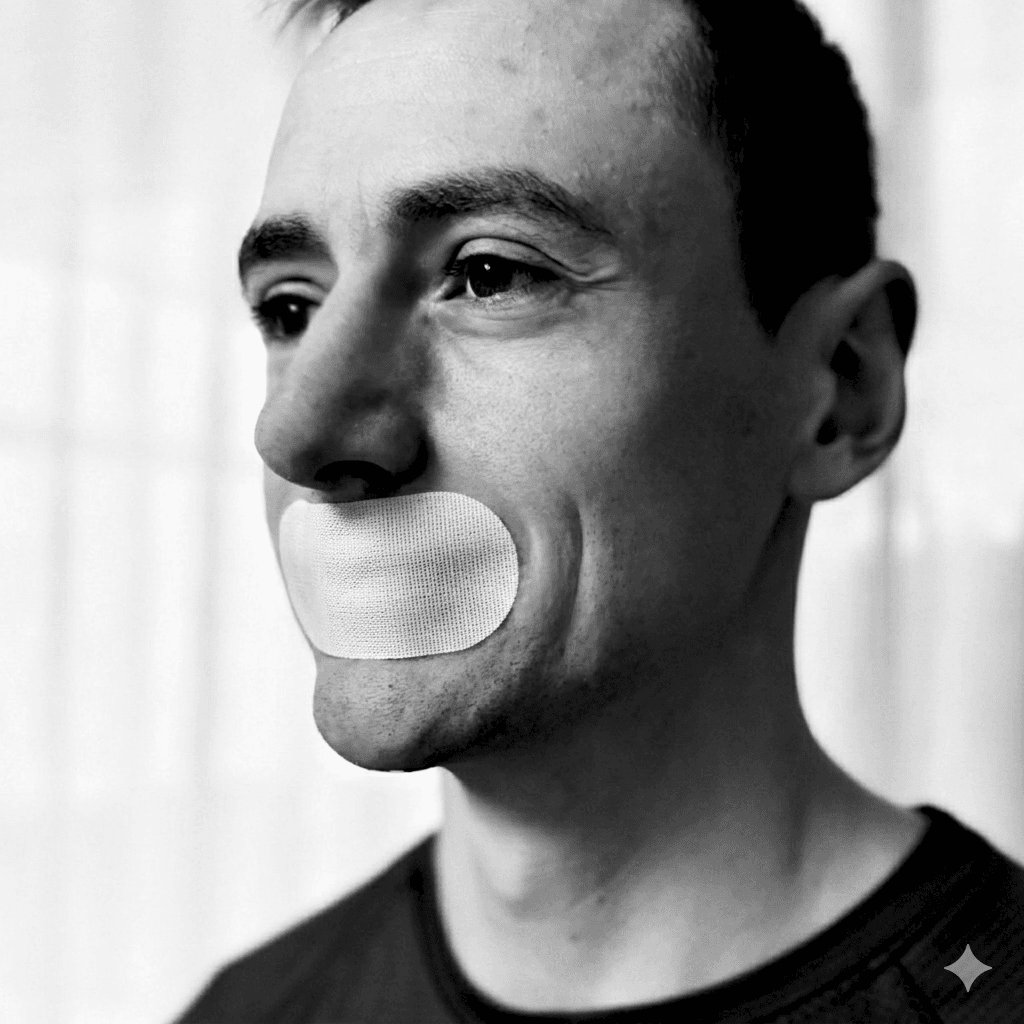 Hvit munnteip for mann brukt for bedre søvn og mindre snorking