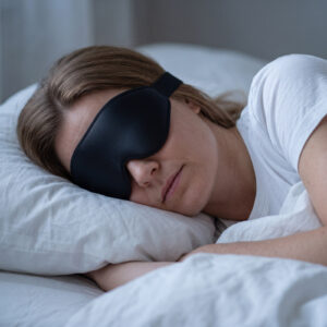 Kvinne sover på ryggen med 3D sovemaske og bred justerbar stropp