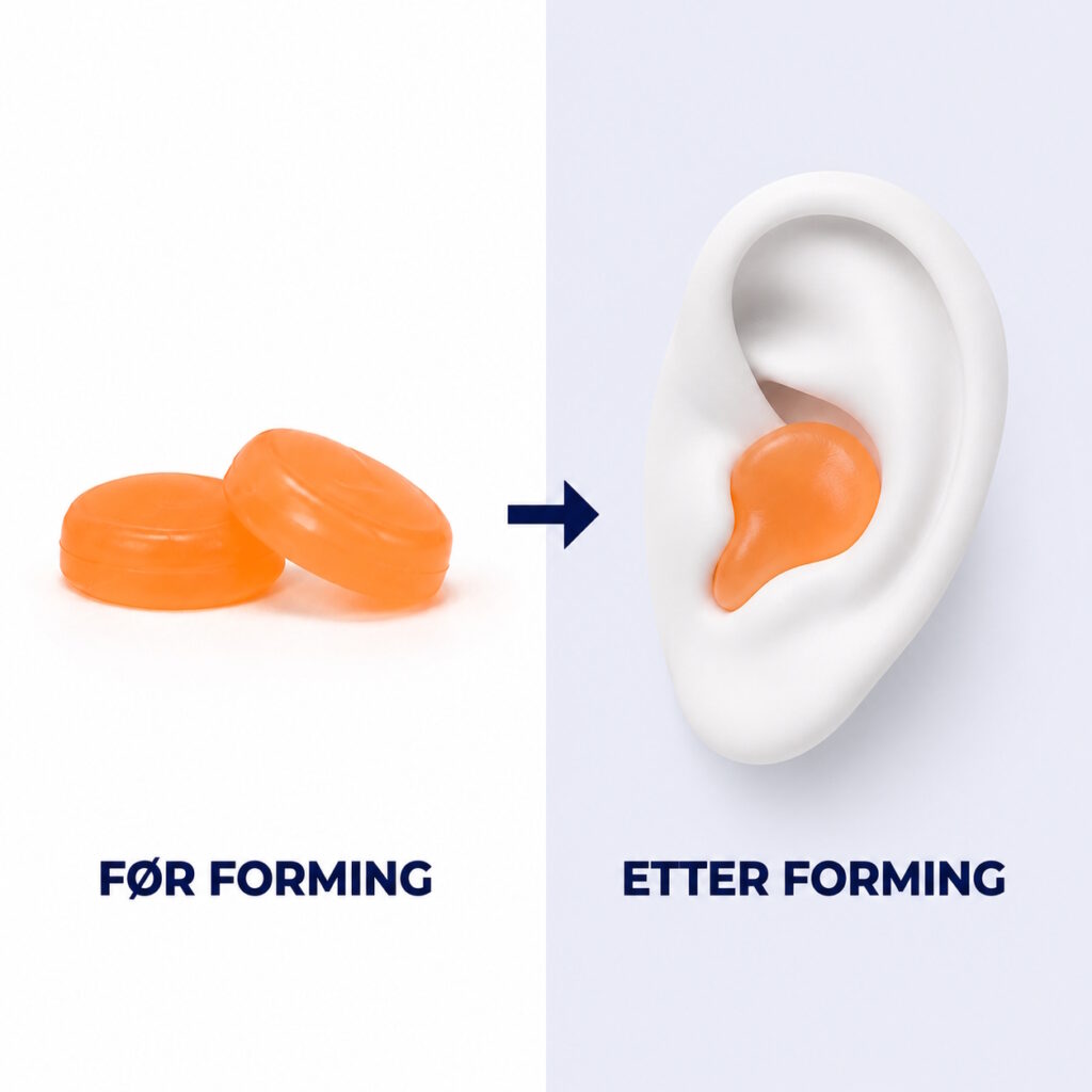Instruksjon som viser forming av Sovepropper Pro silikonørepropp før og etter plassering i øret