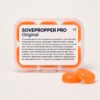 Sovepropper Pro eske med 6 formbare silikonørepropper i oransje, to propper foran esken