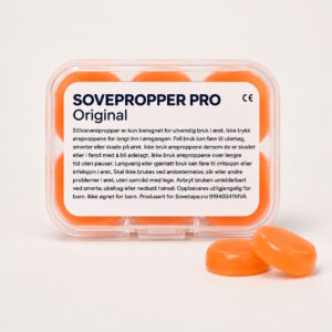 Sovepropper Pro eske med 6 formbare silikonørepropper i oransje, to propper foran esken