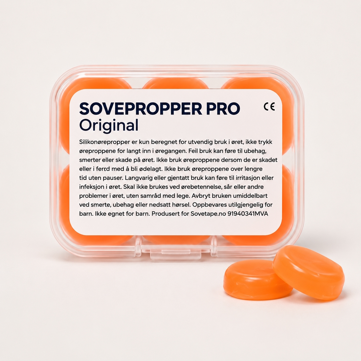 Sovepropper Pro eske med 6 formbare silikonørepropper i oransje, to propper foran esken