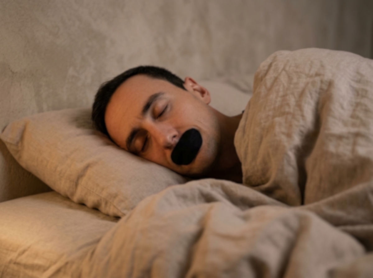 Mann som sover på siden med munnteip fra Sovetape Pro for nesepust og mindre snorking