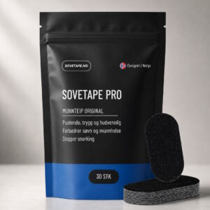 Sort pose med Sovetape Pro Munnteip Original ved siden av en stabel ovale svarte munnteip, 30 stk